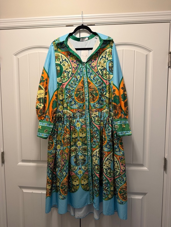 The Label Revella Dresses & Skirts - Long Sleeve Paisley Print Shirt Dress in Turquoise and Orange